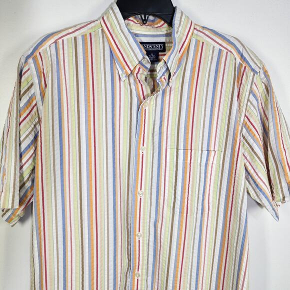 Lands End Mens Shirt Size Medium 15 15.5 Seersucker Pastel Striped Button Preppy - Picture 3 of 9